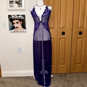 VTG Elegant Moments Night Dress Womens M Purple Lace Mesh Babydoll Nightgown